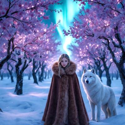 The primary subject of the image is a woman dressed in a brown coat, standing in a snowy forest. She is accompanied by a white dog, which is positioned to her right. The setting is a snowy forest with trees, creating a serene and wintry atmosphere. The visual style of the image is a digital art or illustration, with the woman and dog depicted in a detailed and realistic manner. The colors in the image are predominantly white and brown, reflecting the snowy environment and the woman's